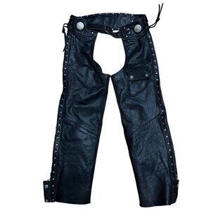 Harley Davidson Black Leather Studded Motorcycle Chaps Side Zips SZ M?